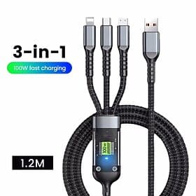 3-in-1 100-W-Schnellladekabel, intelligentes, superschnelles Laden, unterstützt Multi-Interface-Laden, USB-Visual-Power-Ladekabel, kompatibel mit Apple, Samsun