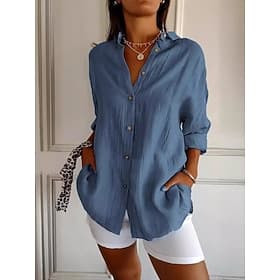 Mujer Camisa Camisas de algodón y lino Abotonar Blusa Color sólido Básico Casual Manga Larga Obispo Cuello Camisero Tops regulares Vacaciones Diario Retazos Bo