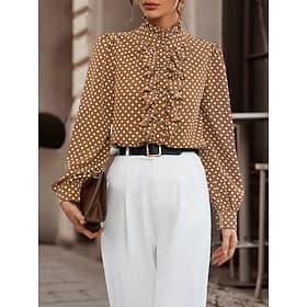 Women's T Shirt Polka Dot Modern Casual Long Sleeve High Neck Regular Tops Daily Black Brown Fall Winter