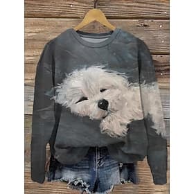 sweat-shirt femme décontracté chien streetwear vêtements de tous les jours col rond imprimé manches longues gris automne hiver