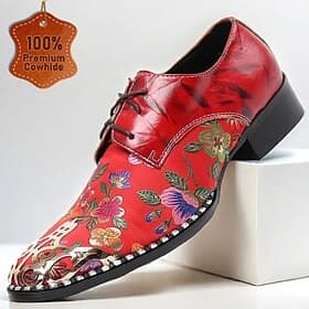 Rote Oxford-Schnürschuhe mit Blumenmuster für Herren – hochwertiges Rindsleder mit Zehenkappe aus Metall, stilvolles Design für Hochzeiten, Partys und besonder