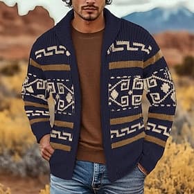Men's Jacquard Sweater Cardigan Sweater Fair Isle Sweater Zip Sweater Knitted Cardigan Knit Zipper Tribal Rolled collar Fashion Classic Daily Outdoor Clothing