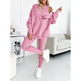 Women's 3pcs Loungewear Set Coordinated Hoodie with Shoulder Cut-Out and Joggers Pink Casual Sporty Outfit Elastic Fashionable Spring Autumn