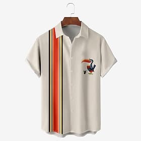 Men's Animal Bird Bowling Shirt Button Up Shirt Short Sleeve Hawaiian Sport Traveling Summer Turndown Button Up Khaki