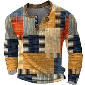 Men's Graphic Color Block Waffle Henley Shirt Casual Style Classic Style Long Sleeve 3D Print Fashion Designer Basic Daily Outdoor Spring Fall Blue Brown Gre