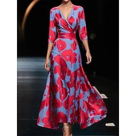 Damen Maxikleid Freizeitkleid Schwingkleid A Linie Kleid Lässig Täglich Normale Passform Blumen Dreiviertelarm V Ausschnitt Weiß Champagner Rote Frühling Herbs