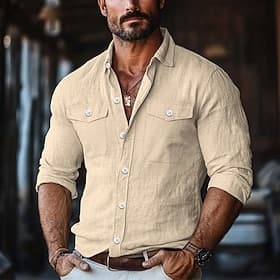 Men's Shirt Linen Shirt Summer Shirt Button Up Shirt Solid Color Vacation Street White Green Khaki Light Blue Long Sleeve Collar Clothing Apparel Pocket