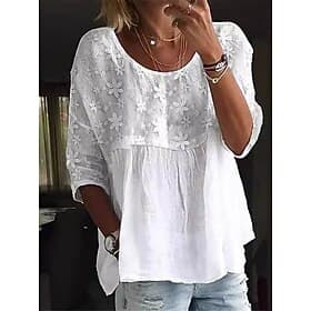 Women's Shirt Linen-feel Shirts Linen-Inspired Sets Blouse Lace Patchwork Solid Color Basic Casual 3/4 Length Sleeve V Neck Regular Tops Daily White Summer Spr