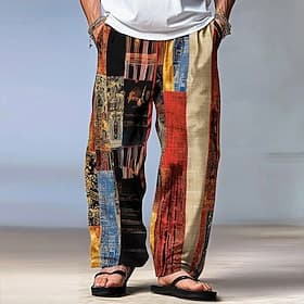 Men's Color Block Patchwork Pants Trousers Mid Waist Drawstring Elastic Waist Hawaiian Casual Outdoor Party Evening Wear Holiday Straight Leg Trousers Summer S
