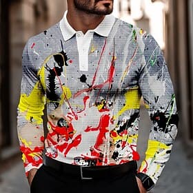Herren Spritztinte Waffel-Poloshirts Golfshirt Langarm Polo-Shirts Hemden mit Kragen Lässig Straße Alltagskleidung Athleisure Knöpfe 3D-Druck Frühling Herbst W