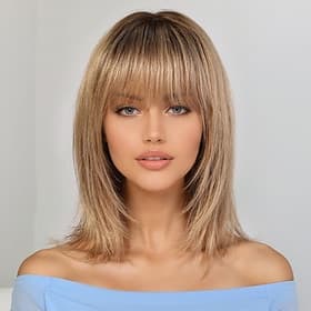 Synthetische Perücken Glatt Mit Pony Perücke Kurz Dunkelbraun Ombre Brown Ombre Blond Synthetische Haare Damen Blond Braun