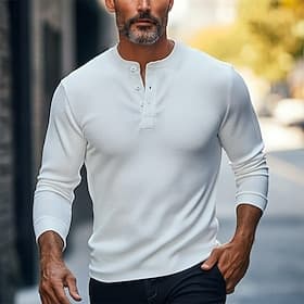 Per uomo maglietta Camicia Henley Tinta unica Henley Normale Esterno Casual Manica lunga Bottoni Abbigliamento 100% cotone Maglia Giornaliero