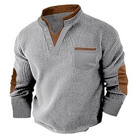 Men's Waffle Tee Waffle Henley Shirt Long Sleeve V Neck Spring Fall Solid Color Fashion Basic Fake two piece Casual Street Sports Black White Burgundy Top Te