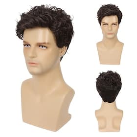 perruque synthétique courte bouclée brune pour homme, perruque complète pour déguisement de fête d'Halloween