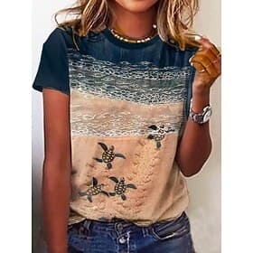 Damen T Shirt Druck Ozean Lässig Kurzarm Rundhals Normale Oberteile Täglich Blau Sommer Frühling