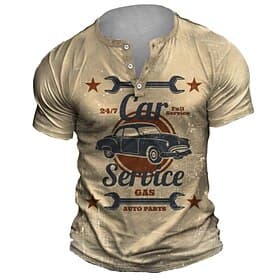 Men's Graphic Car Service T Shirt Henley Shirt Short Sleeve Retro Vintage Casual Daily Street Summer Spring Light Blue Khaki Gray Henley Henley T-Shirt