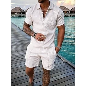 Men's Zip Polo Tee Set 2 Piece Summer Tracksuit Set Tee Shorts Short Sleeve Polo Collar Casual Zip Up Casual Daily Lemon Pink Black Top Tee for Men
