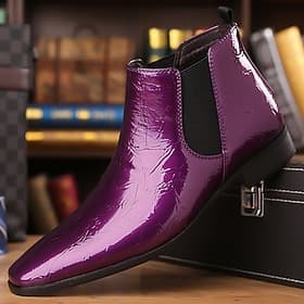 Lila Chelsea-Stiefel aus Lacklederimitat mit elastischem Einsatz für Herren – stilvolles Schuhwerk für die Freizeit und formelle Anlässe
