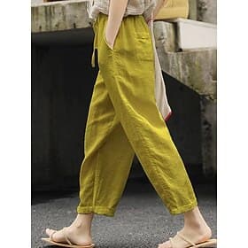 Mulheres Mistura de Algodão chinês Calça verão Simples Clássico Comprimento total Cintura Alta Côr Sólida Com Cordão Patchwork Bolsos Confortável Secagem Rápid