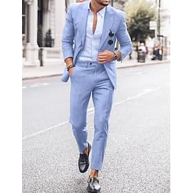 Herren Leinenanzüge Strandhochzeit Himmelblau Dunkelblau Sommer Anzug Steigendes Revers Mode Lässig Einfarbig Figurbetonter Schnitt 2-teilig Einreiher - 1 Knop