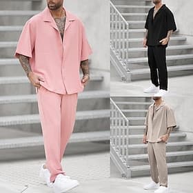 Herren 2 Stück Hemden-Set Sommer-Set Lässiges Hemd Knopfhemd Schwarz Rosa Kaki Halbe Ärmel Glatt Kragen Urlaub Täglich Bekleidung Modisch Brautkleider schlicht