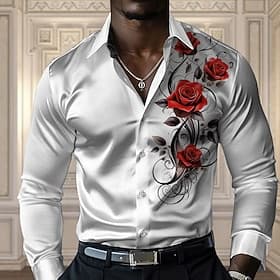 Men's Rose Casual Shirt Button Up Shirt Long Sleeve Fashion Casual Casual Party Spring Fall Turndown Button Up Blue Black Yellow Red