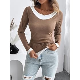 Women's T Shirt Fashion Modern Casual Long Sleeve Regular Tops Crew Neck Daily Weekend Khaki Fall Winter