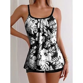 Mujer Bañadores Tankini 2 piezas Pierna de niño Traje de baño Espalda al Aire Alta cintura Vacaciones Ropa de playa Floral Hojas Escote Redondo Sin Mangas Traj