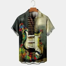 Men's Boardmasters Musical Instrument Casual Shirt Button Up Shirt Short Sleeve Casual Gift Casual Summer Spring Turndown Button Up Green