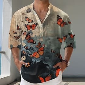 Men's Butterfly Casual Shirt Button Up Shirt Long Sleeve Fashion Casual Causal Casual Spring Fall V Neck Buttons Dark Blue
