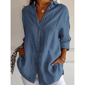 Women's Shirt Linen-feel Shirts Button Up Blouse Buttons Solid Color Basic Casual Long Sleeve Shirt Collar Regular Tops Daily Blue White Pink Spring Fall