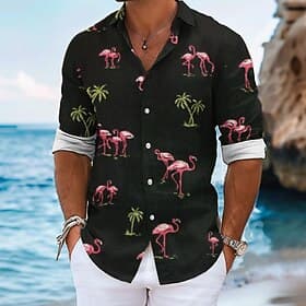 Voor heren Flamingo Hawaiiaans overhemd Aloha-shirt Lange mouw Hawaii Strandstijl Vakantie Zomer Lente Strijkijzer Dichtknopen Zwart