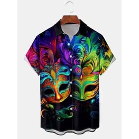 Mardi Gras Men's Mask Short Sleeves Artistic Casual Comfortable Outdoor Vacation Street Spring Summer Shirt Collar Printing Black
