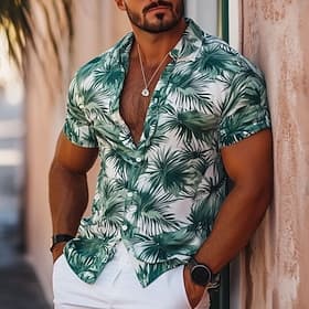 Men's Leaf Tropical Summer Hawaiian Shirt Aloha Shirt Short Sleeve Hawaiian Vacation Summer Spring Turndown Button Up White Blue Orange Green
