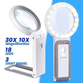 30X 10X Magnifying Glass with Light and Stand Foldable Handheld Magnifying Glass 18 LED Illuminated Lighted Magnifier for Macular Degeneration Seniors Reading
