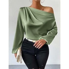 Femmes Elegant Habillé Haut en satin Chemisier Froncé Patchwork Couleur Unie Basique Occasionnel manche longue Manches Bouffantes Asymétrique Hauts Réguliers Q
