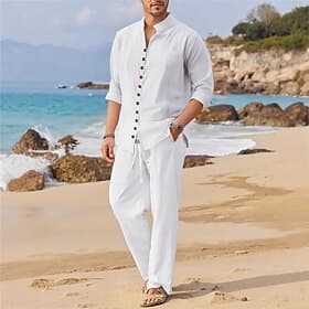 Herren leinenhemd 2 Stück Hemden-Set Sommerhemd Passende Sets Strandhemd Glatt Urlaub Curise Schwarz Weiß Blau Langarm Ständer Frühling Sommer Bekleidung