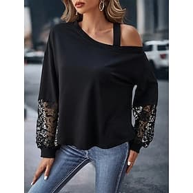Women's Pullover Fashion Casual Plain Street Casual Crew Neck Loose Fit Long Sleeve Black Fall Winter