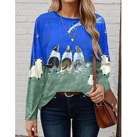 Damen T Shirt Modisch Modern Brautkleider schlicht Bedruckt Langarm Normale Oberteile Rundhalsausschnitt Täglich Wochenende Blau Herbst Winter