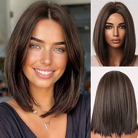 Bob-Perücken für Frauen, braune mittellange Perücke mit Highlights, kurze glatte Bob-Perücke, braune Kunsthaarperücke mit Mittelscheitel