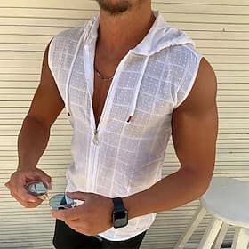 100% Cotton Men's Tank Top Zip Up Hoodies Sleeveless Hoodie Floral Grid Plaid Hooded Vacation Casual Sleeveless Drawstring Clothing Apparel Fashion Casual Br
