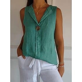 Mulheres Camisa Social Blusa Linho de algodão sintético Botões Tecido à moda Casual Sem Manga Decote V Tops regulares Diário Branco Azul Marinha Verde Cáqui Ve