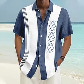 Voor heren Geometrisch Normaal shirt Bowlingshirt Overhemd met knopen Korte mouw Casual Vakantie Casual Zomer Lente Strijkijzer Dichtknopen Licht Blauw Geel Gr