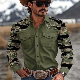 Hombre camuflaje Color Camuflaje camisa occidental Camisa vaquera Manga Larga occidental Casual Exterior Primavera Otoño Cuello Vuelto 2 bolsillos Negro Marrón