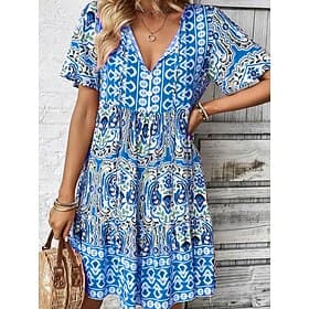 Dame Mini kjole Uformell kjole Boho elegante kjoler Boho-kjole Bohem søt stil Etnisk Feriereise Daglig Strand Løstsittende Blomstret Grafisk Kortermet V-hals B