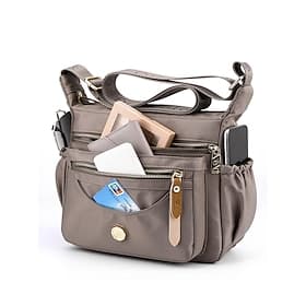 Umhängetasche aus Nylon für Damen mit mehreren Taschen, leichte und wasserabweisende Schultertasche für den Alltag und auf Reisen, Erdgelb, Schwarz, Rosa
