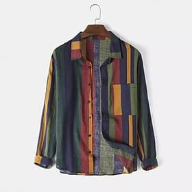 Men's Shirt Linen Shirt Summer Shirt Beach Shirt Striped Vacation Holiday Green Long Sleeve Collar Clothing Apparel