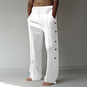 Men's Linen Pants Trousers Summer Pants Beach Pants Elastic Waist Side Button Straight Leg Plain Comfort Breathable Full Length Daily Beach Holiday Fashion Cla