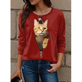 Women's T shirt Crew Neck Long Sleeve Tunic Cat Modern Casual Regular Tops Daily Weekend Print White Yellow Red Blue Dusty Blue Fall Winter