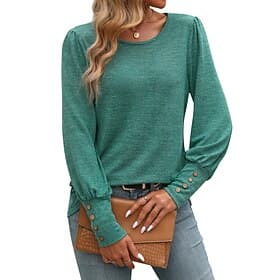 Femmes T-shirt Uni Basique Occasionnel manche longue Col ras du cou Hauts Réguliers Quotidien Week-end Noir Vert Kaki Été Printemps